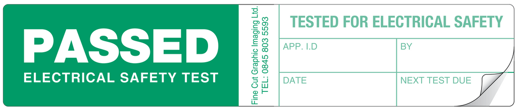 A clear image of Passed Electrical Safety Test Label from Fine Cut Labels Direct